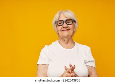 Elderly Woman Vision Problems With Glasses Yellow Background