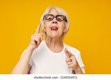 Elderly Woman Vision Problems With Glasses Yellow Background