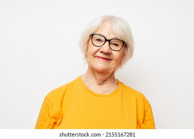 Elderly Woman Vision Problems With Glasses Light Background