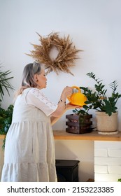 Elderly Woman Watering Indoor Plants From A Watering Can