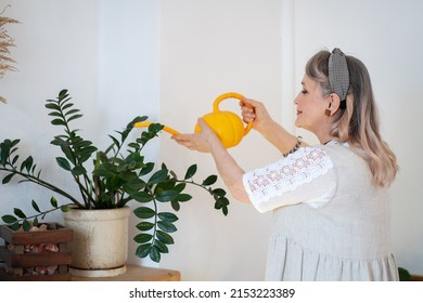 Elderly Woman Watering Indoor Plants From A Watering Can