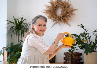 Elderly Woman Watering Indoor Plants From A Watering Can