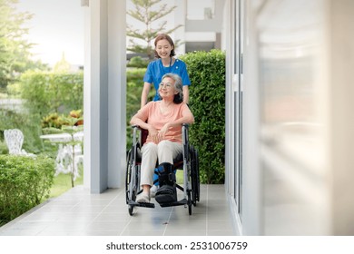 An elderly woman in a wheelchair is assisted by a healthcare professional outdoors. The scene emphasizes care, support, and companionship in a peaceful, green environment. - Powered by Shutterstock