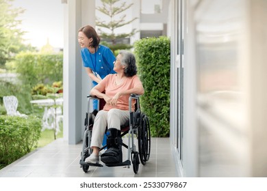 An elderly woman in a wheelchair is assisted by a healthcare professional outdoors. The scene emphasizes care, support, and companionship in a peaceful, green environment. - Powered by Shutterstock