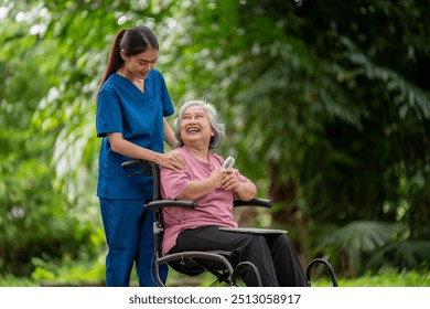 Elderly woman in a wheelchair holding a cup of milk young healthcare worker stands assisting take care providing drink interaction reflects attentive caregiving, support is healthy treatment concept. - Powered by Shutterstock