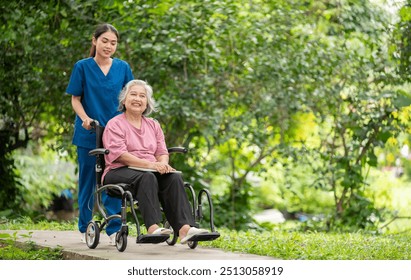 Elderly woman in a wheelchair holding a cup of milk young healthcare worker stands assisting take care providing drink interaction reflects attentive caregiving, support is healthy treatment concept. - Powered by Shutterstock