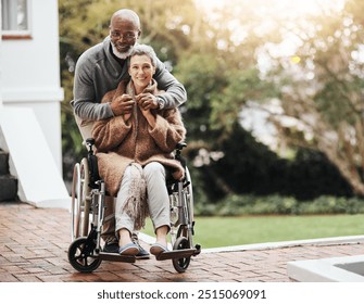 Elderly woman, wheelchair and man for empathy, love or portrait with hug for retirement. Senior lady, interracial couple and person with disability for garden walk with comfort in rehabilitation - Powered by Shutterstock