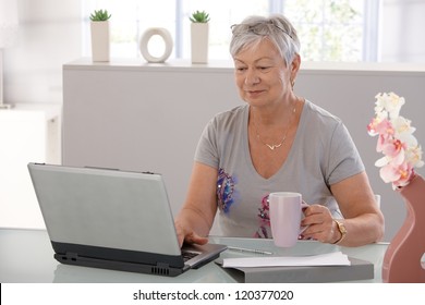 Elderly woman working on laptop computer, smiling, drinking tea.