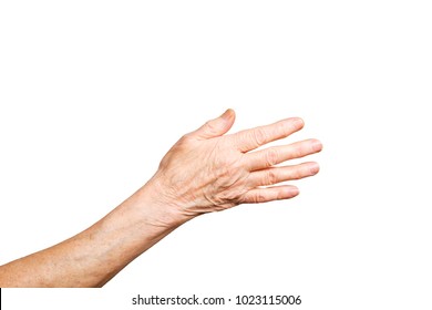 Elderly Woman, Wrinkled Hand Palm W/ Clearly Visible Veins Reaching Out Forward. Old Lady Arms, Freckles. Isolated White Background, Close Up, Overhead, Copy Space.