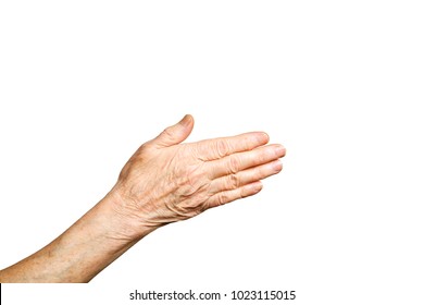 Elderly Woman, Wrinkled Hand Palm W/ Clearly Visible Veins Reaching Out Forward. Old Lady Arms, Freckles. Isolated White Background, Close Up, Overhead, Copy Space.