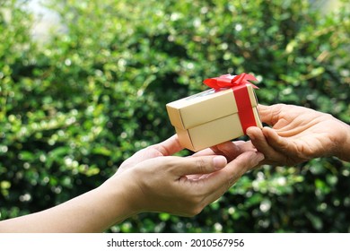 An Elderly Woman's Hand Is Giving A Young Woman A Small Golden Gift Box. Ideas To Boost Encouragement By Giving Gifts.