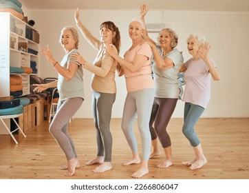 Elderly, yoga and portrait of friends row dance together on class break for cheerful fun. Retirement, wellness and senior friendship in yoga class with happy, healthy and fitness women. - Powered by Shutterstock