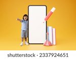 E-Learning Application. Preschool Boy Gesturing Thumbs Up Near Big Cellphone With Blank Touchscreen, Approving Mobile App And Educational Gadgets With Like Standing On Yellow Background, Collage
