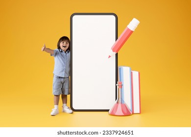 E-Learning Application. Preschool Boy Gesturing Thumbs Up Near Big Cellphone With Blank Touchscreen, Approving Mobile App And Educational Gadgets With Like Standing On Yellow Background, Collage