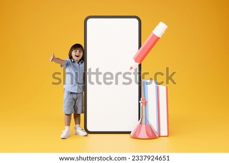 E-Learning Application. Preschool Boy Gesturing Thumbs Up Near Big Cellphone With Blank Touchscreen, Approving Mobile App And Educational Gadgets With Like Standing On Yellow Background, Collage