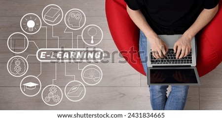 E-learning, banner design. Man working with laptop in beanbag chair, top view. Illustration of scheme with different icons