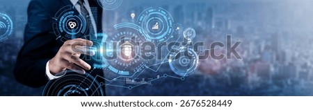 E-learning: Businessman analyzing technological data and online courses, digital training, virtual classrooms, interactive content, learning platforms, student engagement, and educational technology.