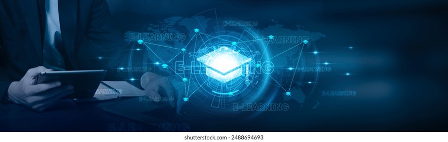 E-learning. Businessman using laptop and leveraging E-learning platforms with accelerated growth on education, technology, skills development, online courses, and virtual classrooms on global network. - Powered by Shutterstock