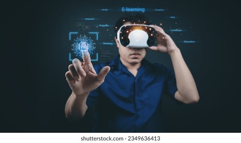 E-learning concept with AI courses through VR glasses, this online graduate The concept of knowledge internet begins with a global creative experience.
