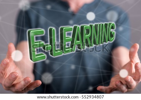 E-learning concept between hands of a man in background
