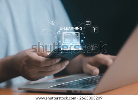 E-learning concept with digital book and education icons displayed above a smartphone, representing online courses, virtual learning, and modern education technology.