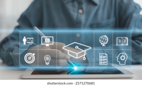 e-learning concept. learning icon, library on the internet website. concept of lesson learning e-book training digital online. course education in webinar technology