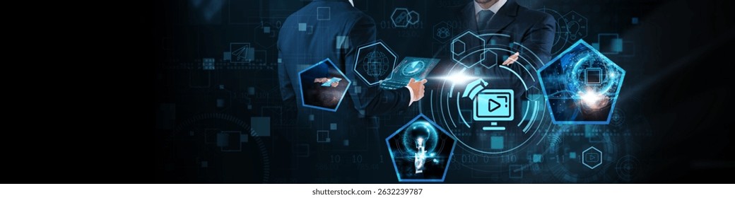 E-learning concept: Online courses, interactive training, digital classrooms, remote education, knowledge sharing, virtual collaboration, and skill development on global business network.