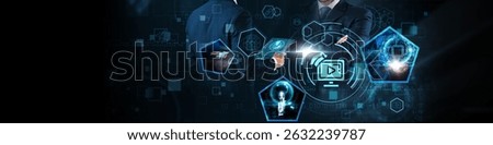 E-learning concept: Online courses, interactive training, digital classrooms, remote education, knowledge sharing, virtual collaboration, and skill development on global business network.