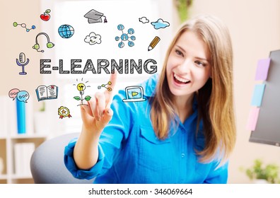 E-Learning concept with young woman in her home office - Shutterstock ID 346069664