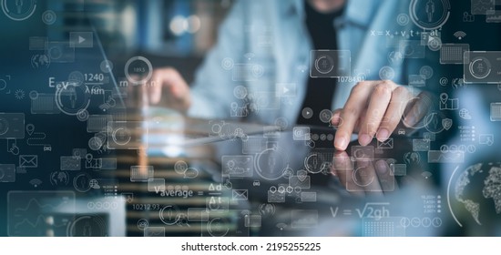 E-learning, Data science, IoT Internet of Things, Ai Artificial intelligence, business analysis, concept. Man working on laptop computer in smart office with big data. Business and technology.