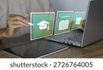 E-learning and digital education system concept shown through a close-up of a person using a stylus pen on a tablet alongside a laptop. The image features high-quality holographic icons floating in the air, including a graduation cap, an open book with the "E-LEARNING" label, and a certified diploma. This visual represents the modern shift toward virtual classrooms, online certification, distance learning, and the use of artificial intelligence in education. It is an ideal representation for EdTech marketing, remote studying, and global academic accessibility