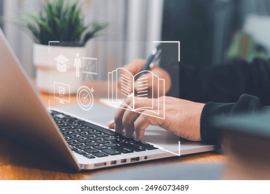 E-learning education concept, internet lessons and online webinar. Person who attends online lessons on a digital screen. Education internet Technology.learning online with webinar, video tutorial.