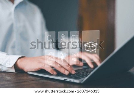  E-learning education concept, internet lessons and online webinar.  who attends online lessons on a digital Education  learning online with webinar, learn,training, education, course, tutorial,
