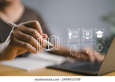 E-learning education concept. Person use laptop with virtual screen of online e-learning icons for increase business working skills. learning online with webinar, video tutorial, internet lessons
