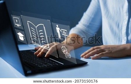 E-learning education and internet lessons. Education on internet Technology. Person who attends online lessons on a digital screen.