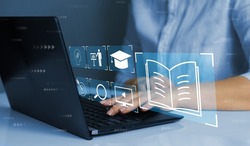 E-Learning-Ausbildung, Internetunterricht Und Online-Webinar. Person, Die Online-Unterricht Auf Einem Digitalen Bildschirm.Bildung Internet-Technologie.