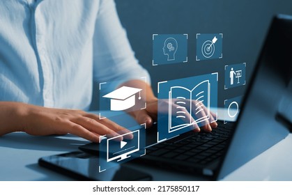 E-learning education, internet lessons and online webinar. Education internet Technology. Person who attends online lessons on a digital screen. - Shutterstock ID 2175850117