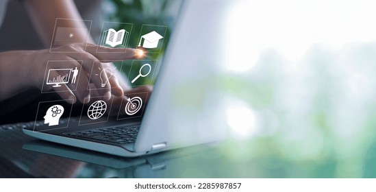 E-learning education, internet lessons and online webinar. Person who attends online lessons on a digital screen.Education internet Technology. - Shutterstock ID 2285987857