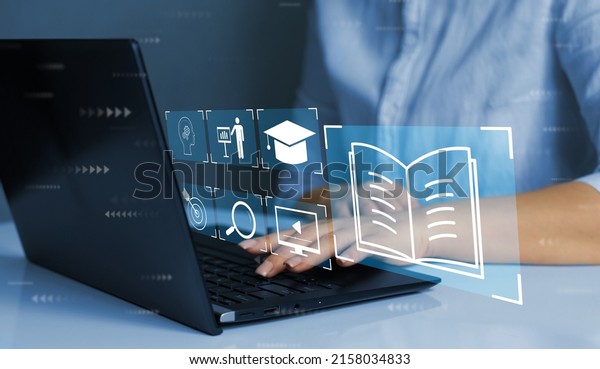 E-learning education, internet lessons and\
online webinar. Person who attends online lessons on a digital\
screen.Education internet\
Technology.