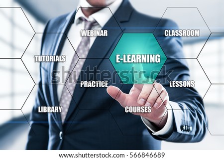 E-learning Education Internet Technology Online Courses concept on the hexagons and transparent honeycomb structure presentation screen. Man pressing button on display with word in modern office