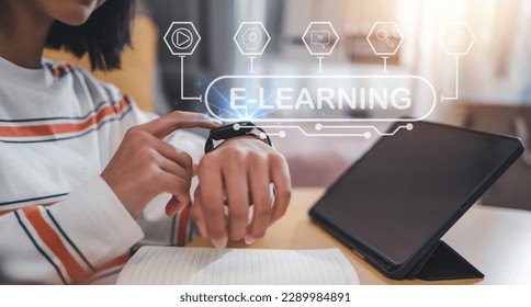e-learning, education, learn, study, training, smartwatch, assistant, knowledge, digital, course. touching smartwatch to learning and training for knowledge. education assistant digital study course.