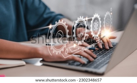 e-learning, education, learn, study, training, invitation, assistant, knowledge, course, lesson. e-learning step by step in cog or gear hud. smart learning training invitation. course lesson knowledge