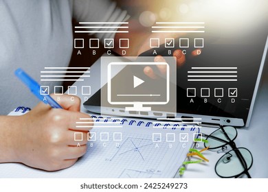   E-learning, education, online exam concept. Choose correct answer. Education internet online digital technology concept.                                