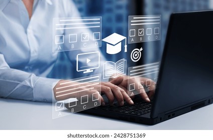  E-learning, education, online exam concept. Choose correct answer. Education internet online digital technology concept.             - Powered by Shutterstock