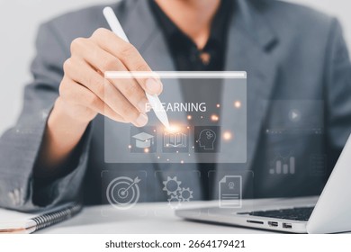 E-learning education, video tutorial, internet lessons and online course application, Businessman or learner using online lessons via laptop on digital screen.