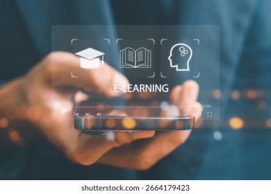 E-learning education, video tutorial, internet lessons and online course application, Businessman or learner using online lessons via laptop on digital screen.