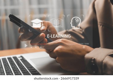 E-learning education, video tutorial, internet lessons and online course application, Businessman or learner using online lessons via laptop on digital screen.
