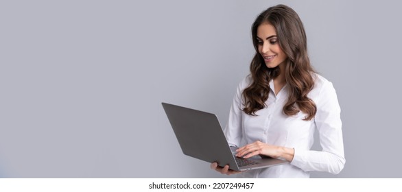 E-learning Even From Far Away. Happy Girl Student Use Laptop. E-learning. Distance Education. Woman Isolated Face Portrait, Banner With Copy Space.