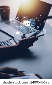 E-learning graduate certificate program concept. Man hands showing graduation hat in light bulb, Internet education course degree, study knowledge, creative thinking idea, problem-solving solution.