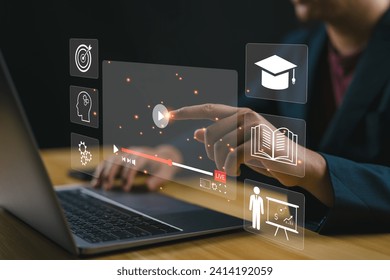E-learning graduate certificate program concept. Man use computer laptop for online study, study knowledge to creative thinking idea and problem-solving solution, Internet education course degree.